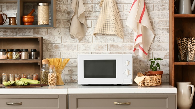 microwave in country style kitchen