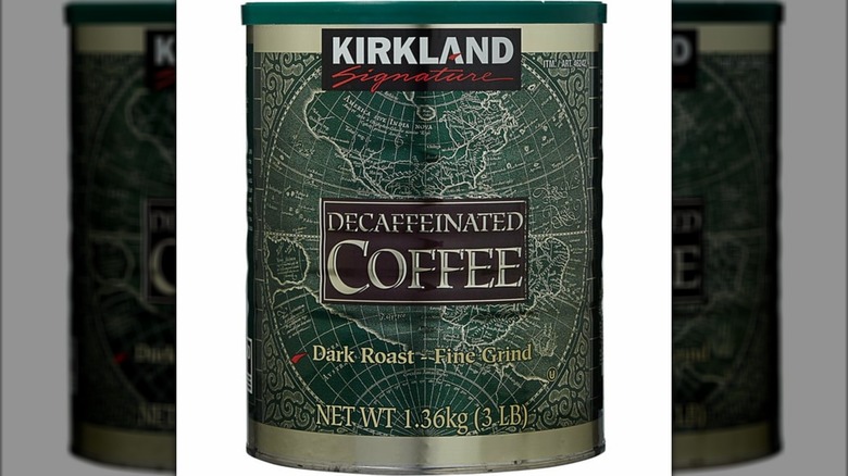 A can of Kirkland Signature decaf coffee