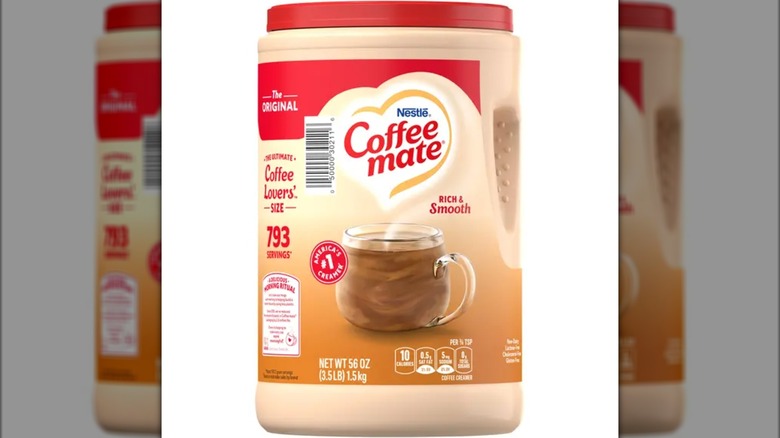 A canister of Coffee Mate powdered creamer