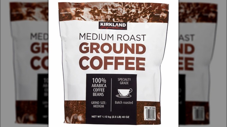 A bag of Kirkland Signature medium roast ground coffee