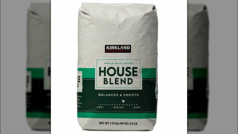 A bag of Kirkland Signature House Blend whole bean coffee