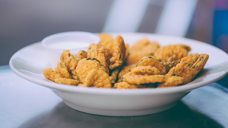 Bowl of fried pickles with ranch