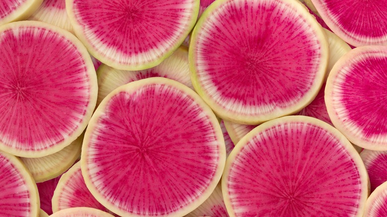 Sliced watermelon radishes