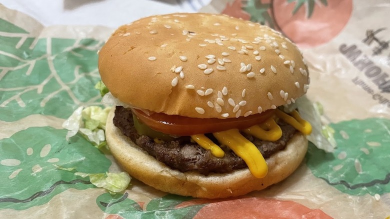 A burger is shown with mustard spilling out.