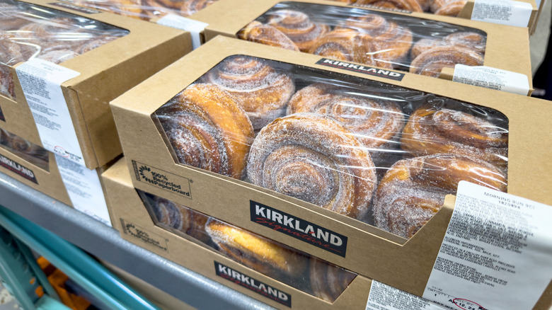 Boxes of Kirkland morning buns in a Costco warehouse