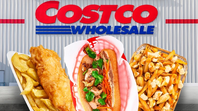 Costco sign with various food court offerings in front of it