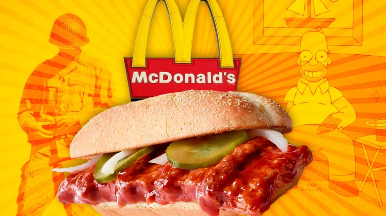 McRib sandwich with McDonald's sign graphics of American soldier and Homer Simpson