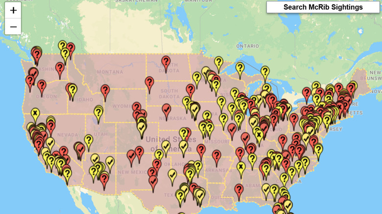 A map showing where McRibs are available