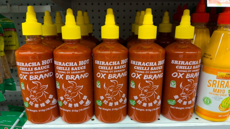 bottles of Ox Brand Sriracha and Sriracha Mayo