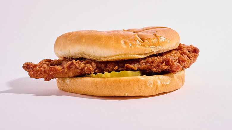 A Chick-fil-A chicken sandwich on table