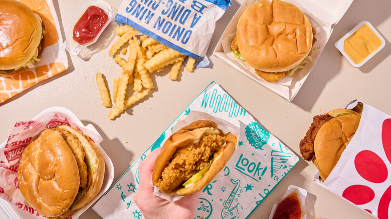 Fried chicken sandwiches on table