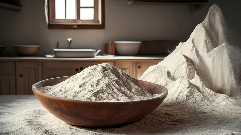 A bowl of flour in a kitchen