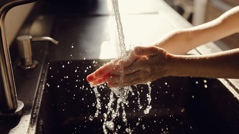 Person washing hands in sink