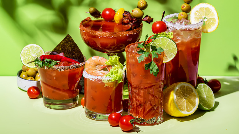 Several heavily garnished bloody marys