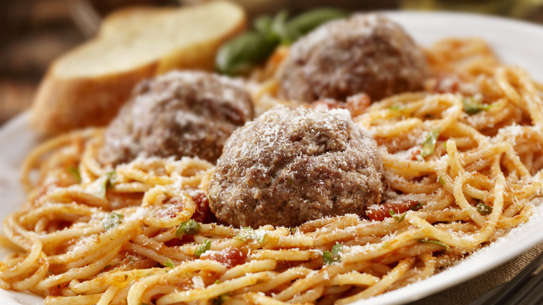 Spaghetti with meatballs in a plate