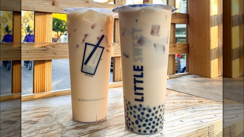 Two bubble milk teas from Little Sweet, in San Francisco