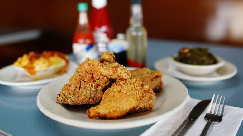 Southern soul spread of fried chicken, collard greens, and mac and cheese