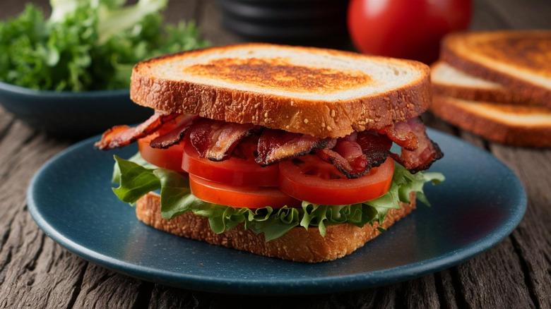 A classic BLT sandwich on a blue plate