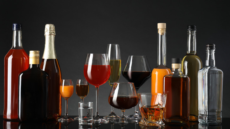 various liquor bottles and glassses