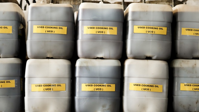 Containers of used cooking oil