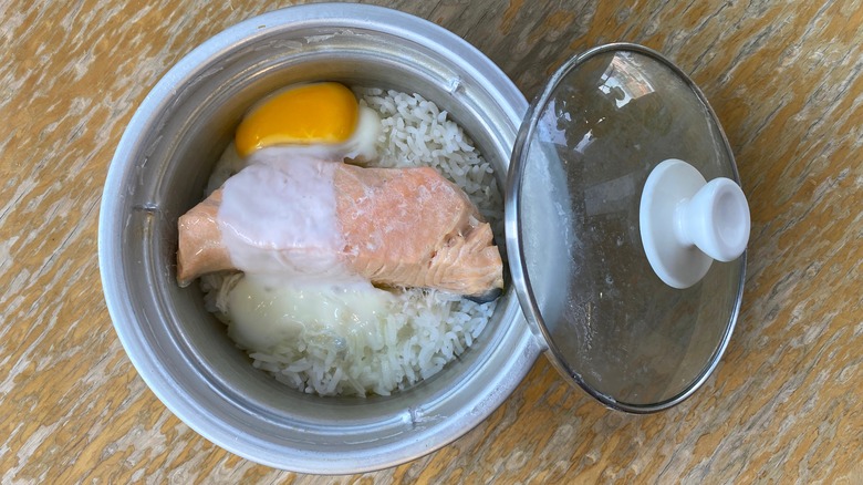 Salmon and rice in cooker