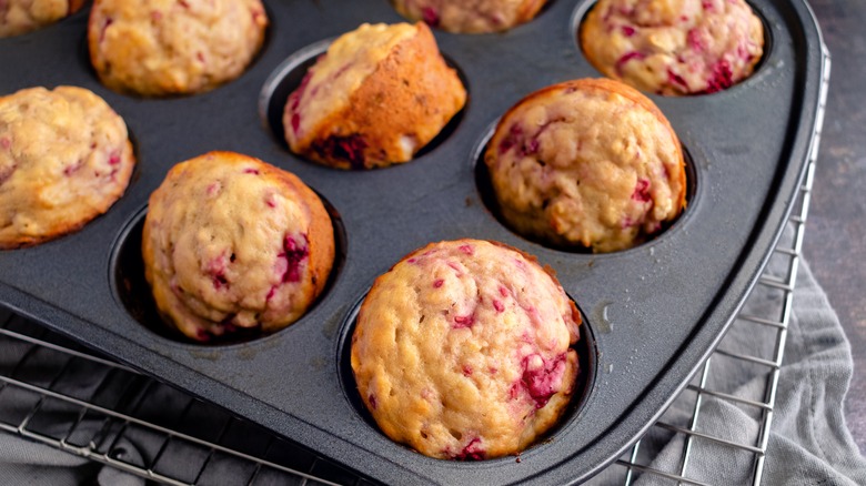 Close-up of raspberry muffins in a tin