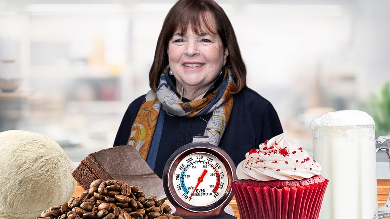 Ina Garten surrounded by baking ingredients