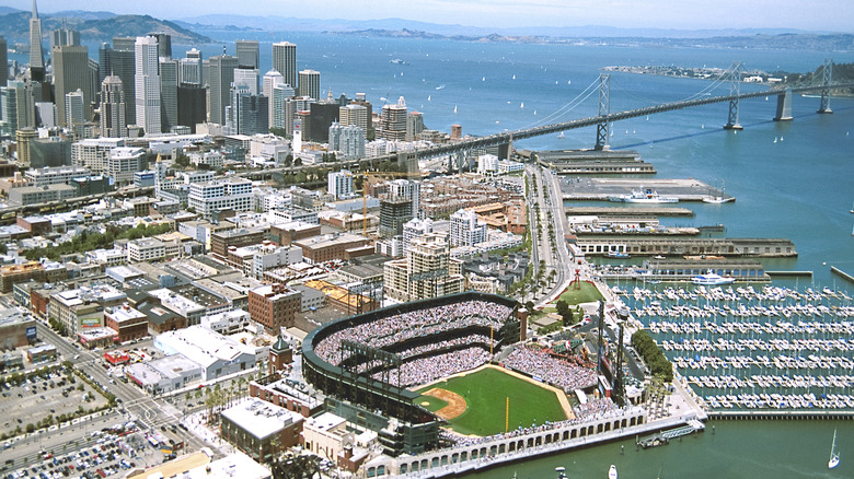 Aerial view of Oracle Park, San Francisco, and the Bay Bridge