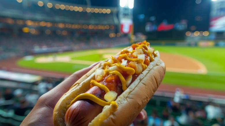 Close-up of a hot dog with a blurry baseball diamond in the background