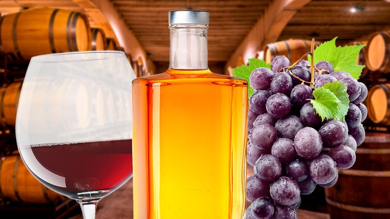 Composite shot of brandy barrels, bottle, and snifter