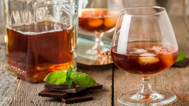 Cognac snifters and decanter with chocolate