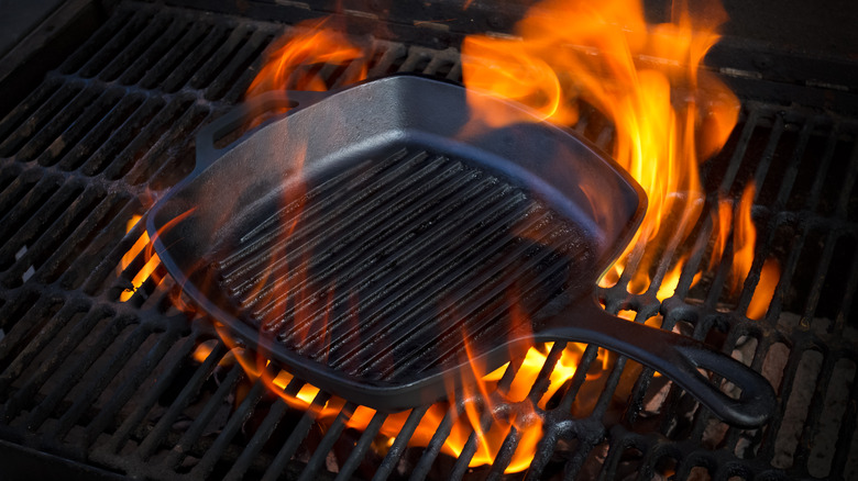 Cast iron skillet in fire