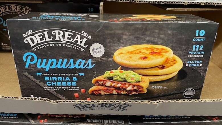 A box of pupusas in the display box at Costco