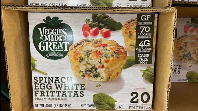 A box of spinach egg white frittatas in a display box at Costco