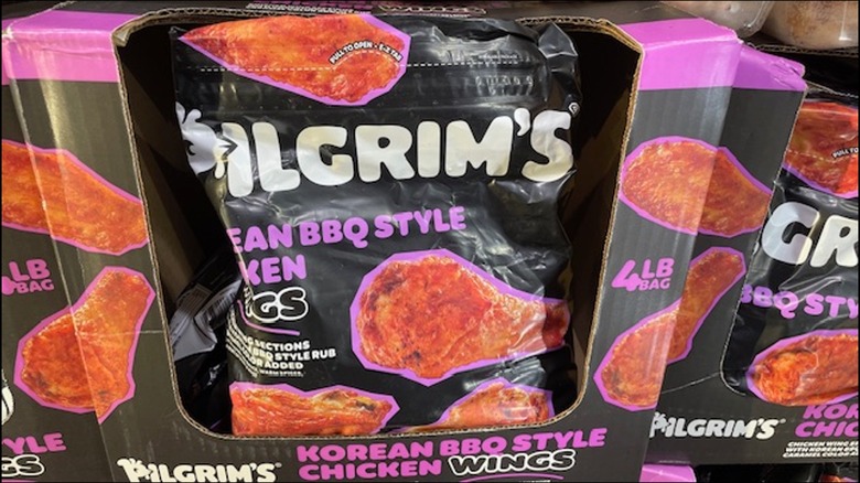 A bag of Korean barbecue wings in a display box in the Costco freezer section