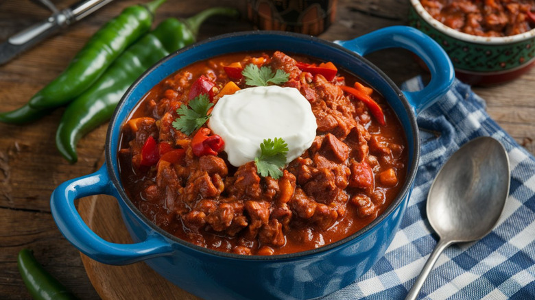 A blue Dutch oven of chili with sour cream