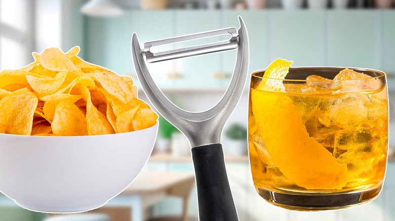 Vegetable peeler, crisps and drink