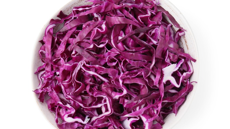 Shredded cabbage in white bowl