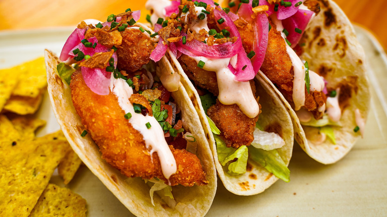 Fish tacos on flour tortillas