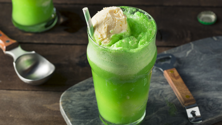 Homemade green ice cream soda float