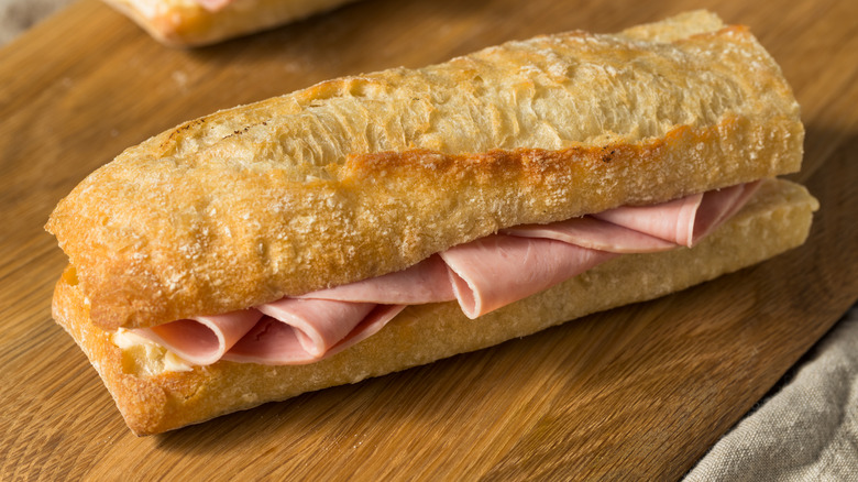 Ham and butter sandwich on a baguette