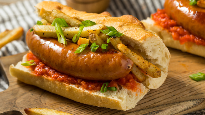 Merguez sandwiches with harissa and fries