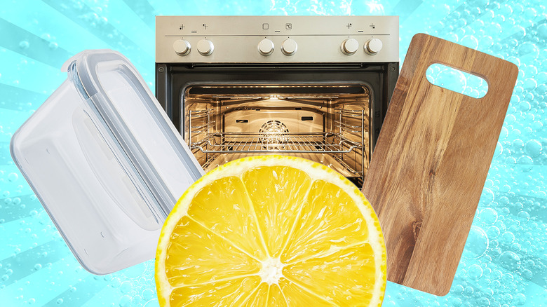 lemon with oven, storage tub, and cutting board