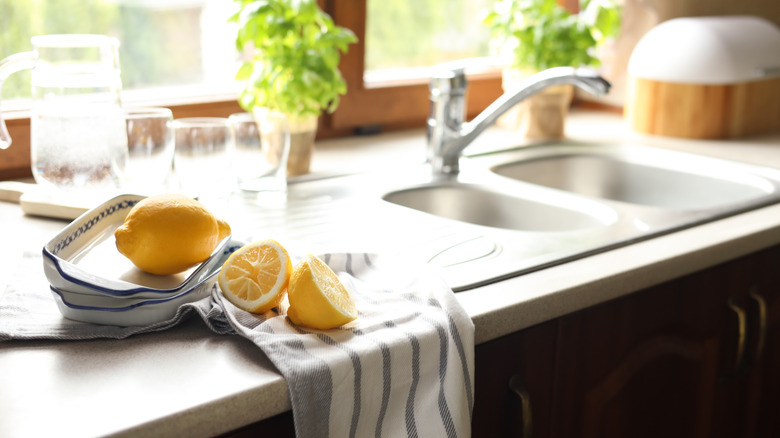 Stainless steel sink with lemons sitting nearby