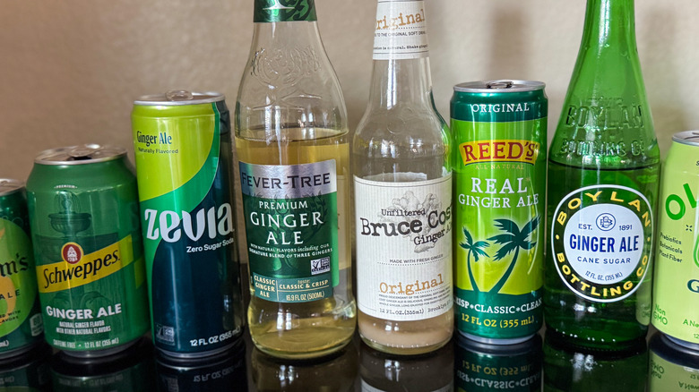 A lineup of various cans and bottles of ginger ale