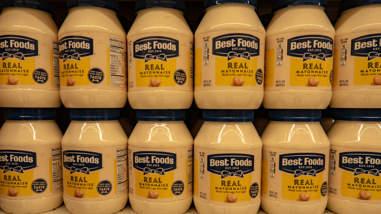 Jars of Best Foods mayonnaise on store shelf