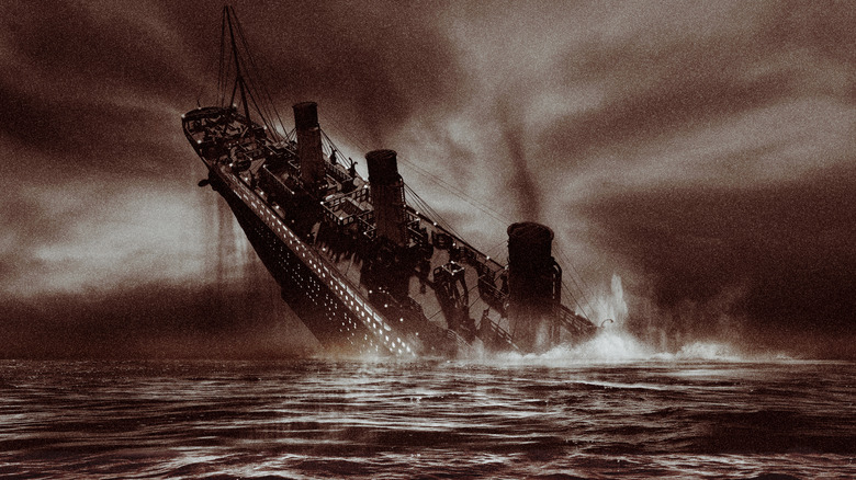 Black and white image of Titanic sinking in the Atlantic Ocean