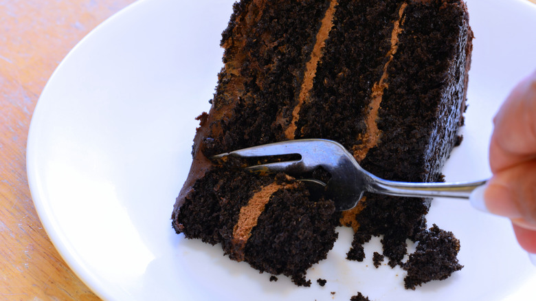 Slice of chocolate layer cake with fork