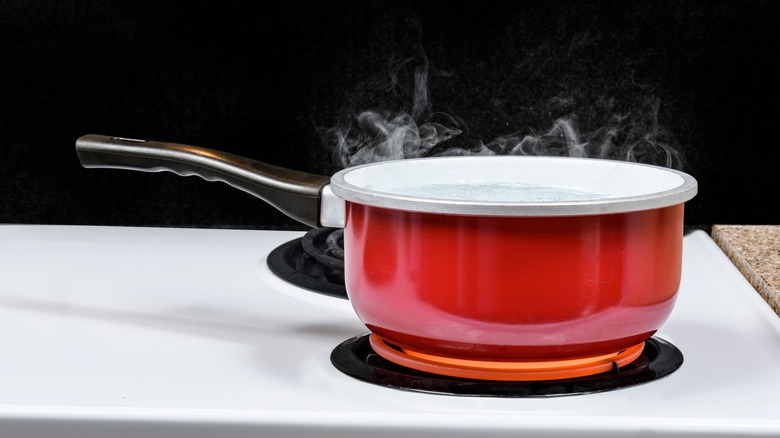 red pan of boiling water