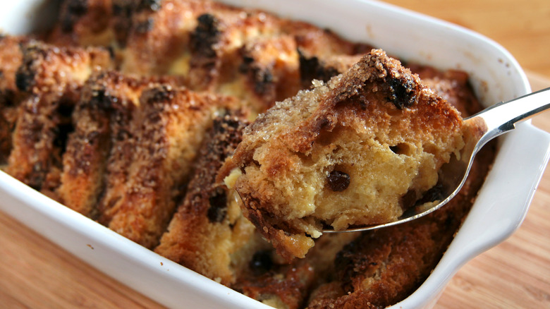 Bread pudding in white dish